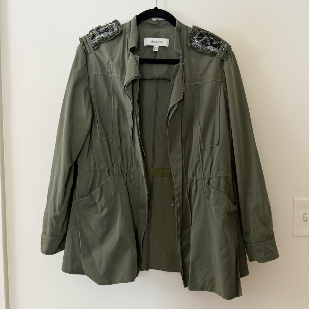 Khaki Utility Jacket with Embellished Shoulders